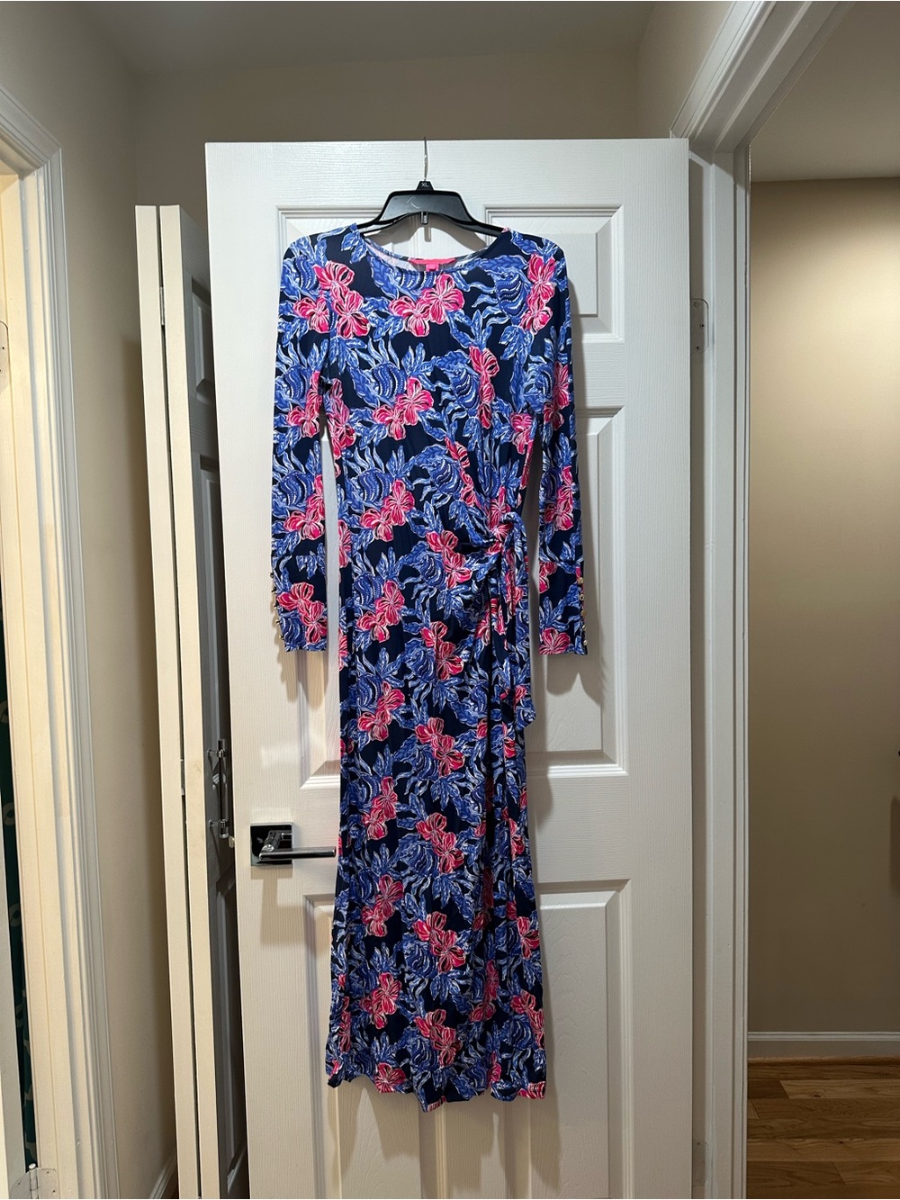 Lilly Pulitzer Navy Maxi Dress with red poinsettia print